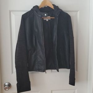 Faux Leather Jacket w/ Cloth Hoodie